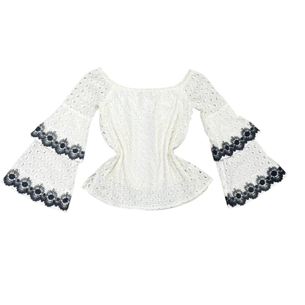 Bailey 44 White Cotton Peasant Blouse Black Lace Trim Bell Sleeve Boho Y2K Small